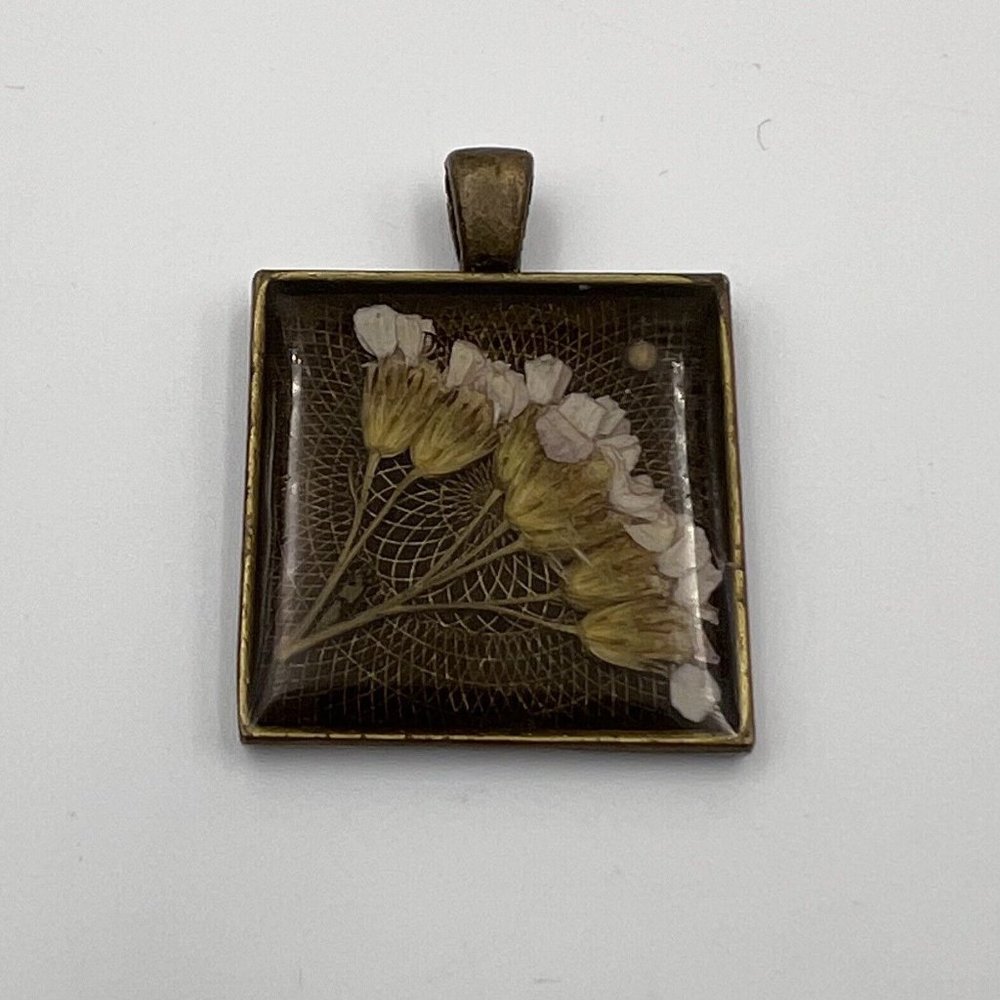 Neutral Tones Tiny Pressed Flower Square Pendant Mini 1” Boho